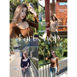 【Fart Shop】纯和欲 三色绑带长袖女秋季坑条方领显白打底衫上衣