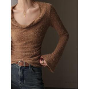 JWUNIQUE酒窝 百搭打底 秋冬新款荡领磨毛打底衫长袖T恤上衣女