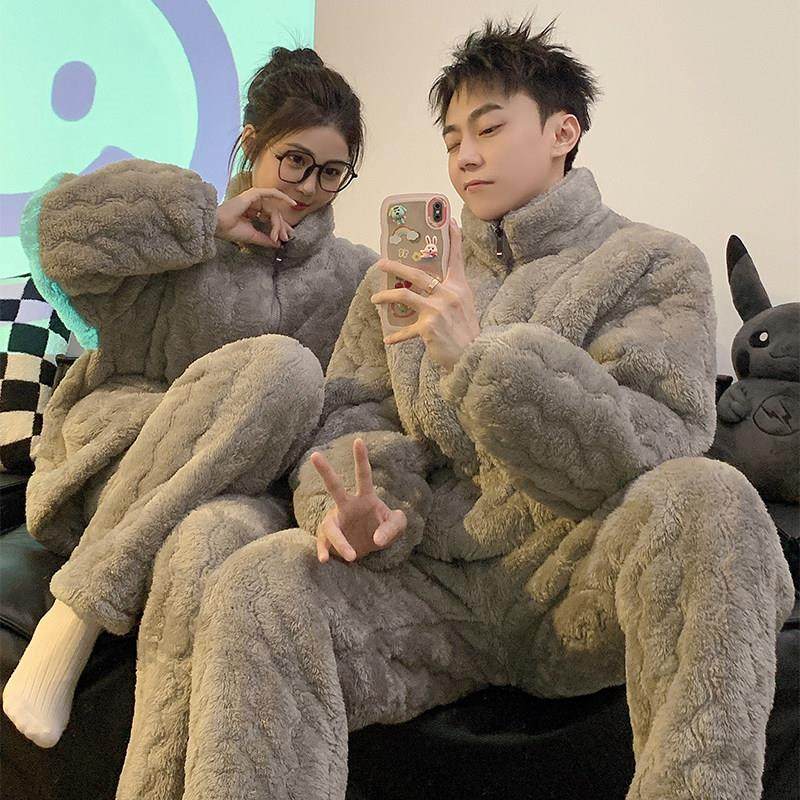 高级感珊瑚绒情侣睡衣女冬季简约加厚三层夹棉袄法兰绒男款家居服