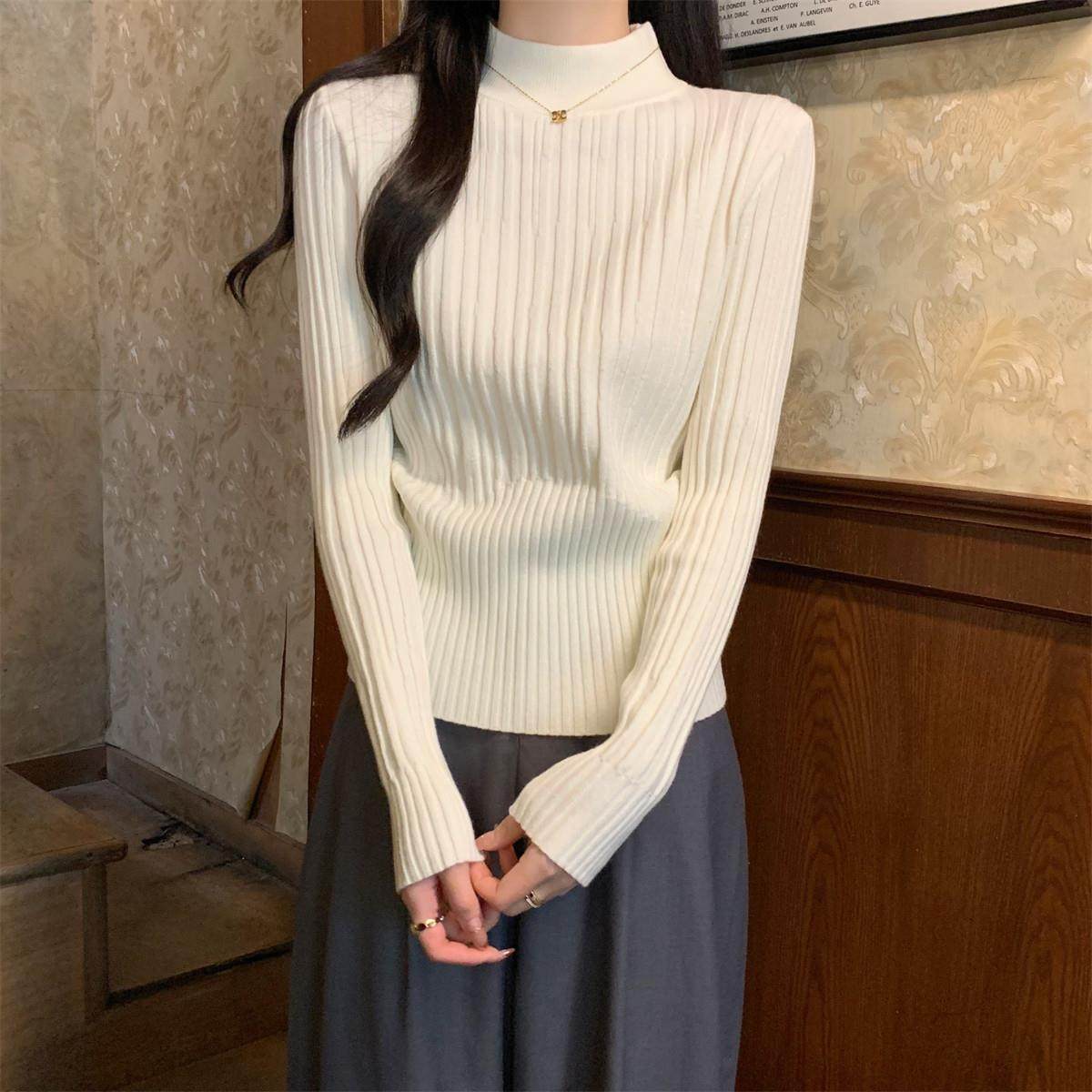 韩版小个子气质坑条毛衣内搭女冬季加厚半高领针织上衣收腰打底衫