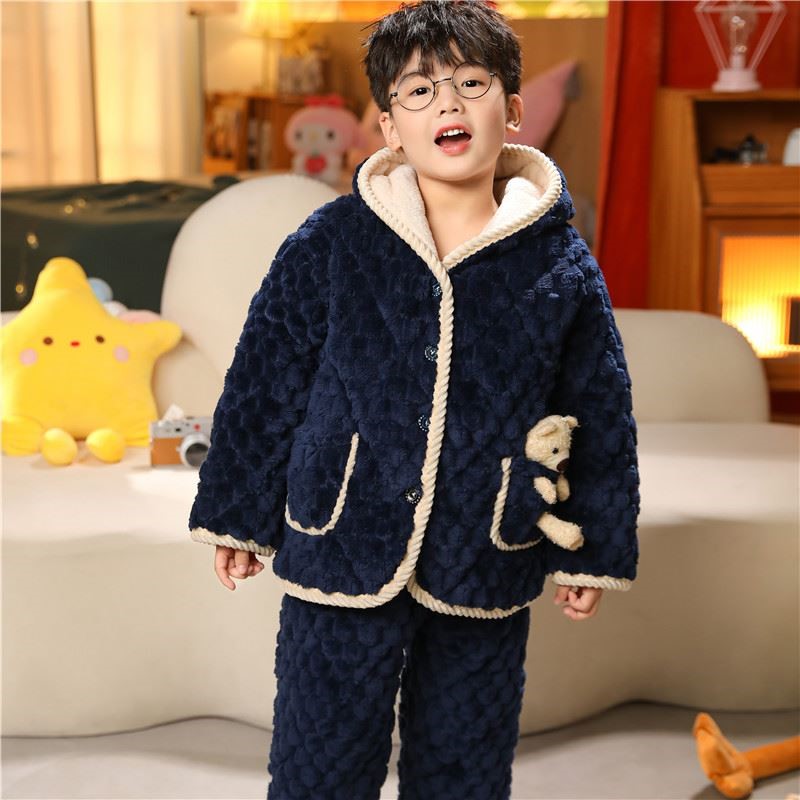 儿童三层夹棉睡衣套装冬加厚棉服外套男女童小孩中大童法兰绒棉袄