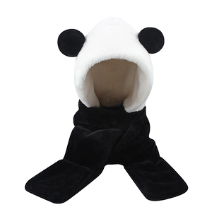 谷爱凌同款黑白色熊猫护耳帽子女冬加厚保暖连帽围脖三件套雷锋帽