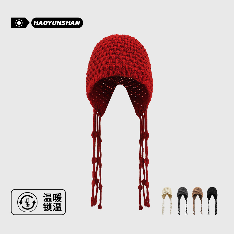 川西旅游红色流苏针织包头帽百搭