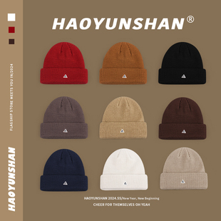 原创三角标毛线帽子男女秋冬加厚百搭针织包头帽日系保暖防寒冷帽