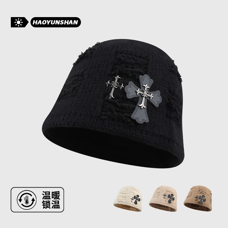 美式破洞双十字架黑色针织水桶帽