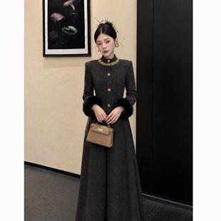 【周子仪】法式毛呢大群摆连衣裙女秋冬季长裙2026年新款气质裙子