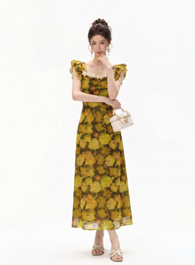 【周子仪】绿色小飞袖吊带连衣裙女夏季长裙2026年新款气质裙子