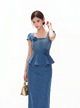 【周子仪】蓝色立体花朵牛仔连衣裙女夏季长裙2026年新款气质裙子
