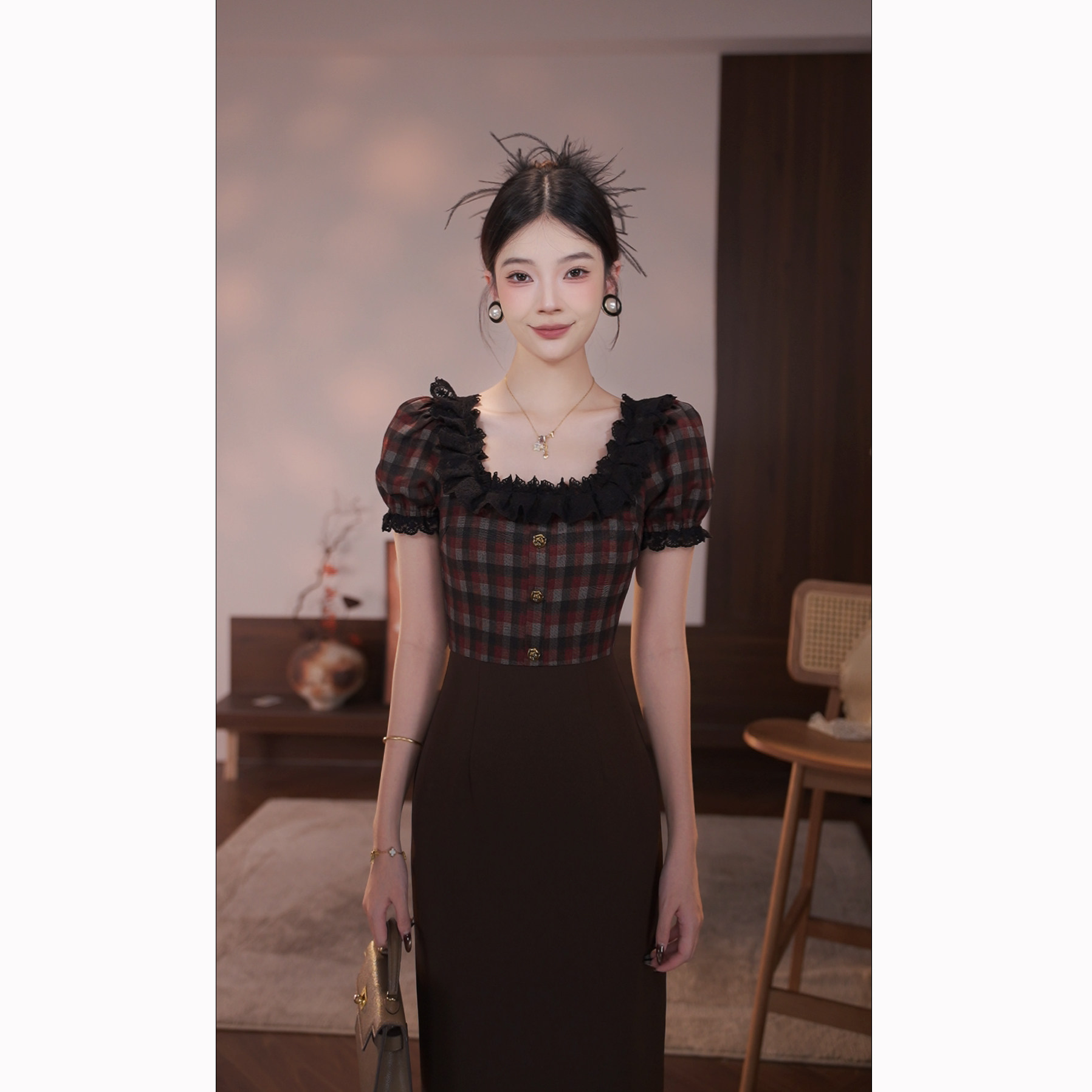 法式复古格子连衣裙衣服女