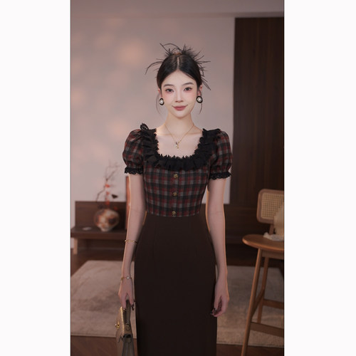 法式复古格子连衣裙衣服女
