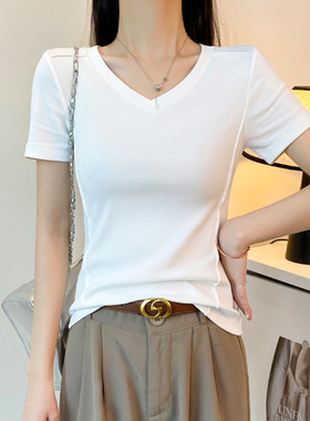 2026新款白色V领鱼骨短袖t恤女春夏低领修身显瘦打底半袖棉质上衣
