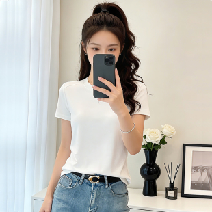 半袖 白色圆领鱼骨短袖 设计感打底衫 修身 上衣潮 T恤女春夏2026新款
