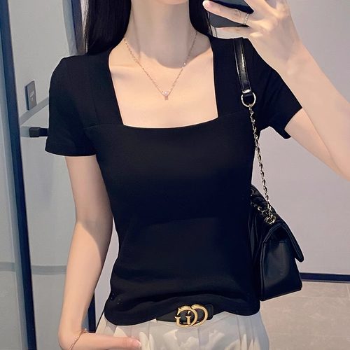 黑色方领短袖t恤女春夏修身设计感打底衫内搭显瘦外穿低u领上衣潮