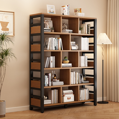 实木书架落地置物架钢木多层货架儿童客厅家用收纳书柜铁艺储物架