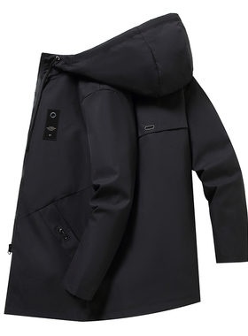 2025春秋中长款风衣外套男休闲百搭黑色夹克男士薄款纯色连帽上衣