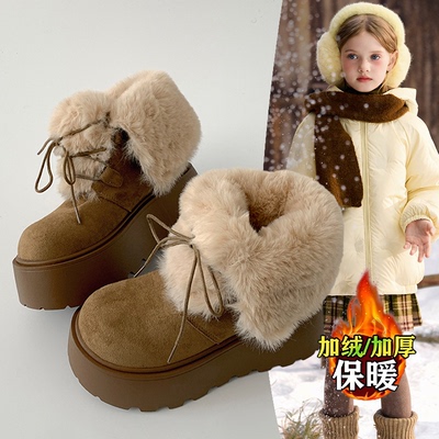 白色复古加绒时尚厚底雪地靴女款2025新款冬季增高保暖勃肯棉鞋子