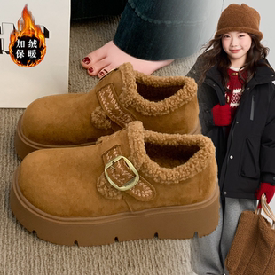 女童厚底勃肯鞋女鞋2026新款冬季雪地靴女款加绒乐福鞋毛毛二棉鞋