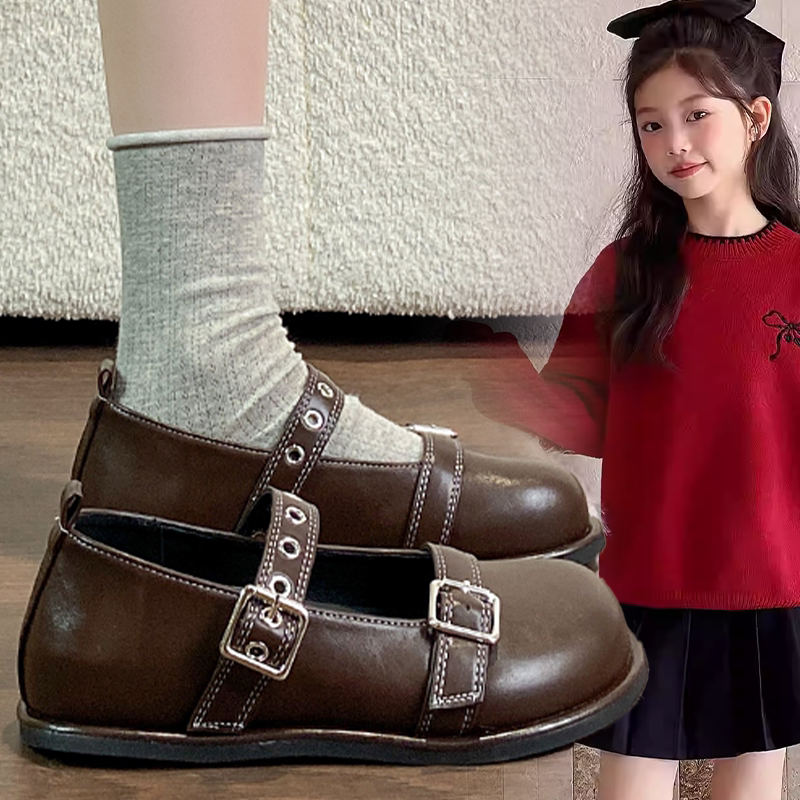女童2026春季新款黑皮厚底玛丽珍鞋增高款学院风暗黑系百搭小皮鞋