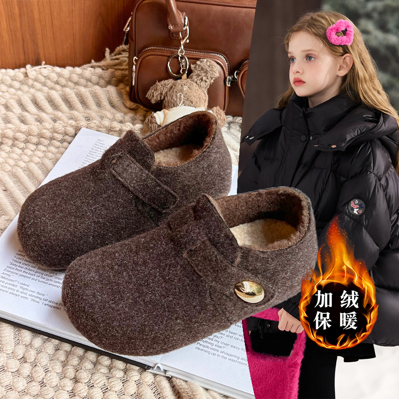 2025年冬季新款女童时尚简约绒面勃肯鞋加绒保暖棉鞋洋气爆款潮鞋