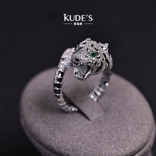 库迪家复古满钻豹子头个性潮流戒指女小众设计轻奢时尚银饰指环