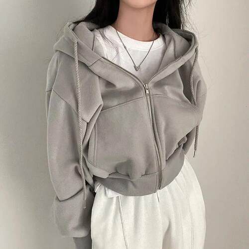 Women Solid Hooded Sweatshirt 2023 Autumn Winter Korean Long