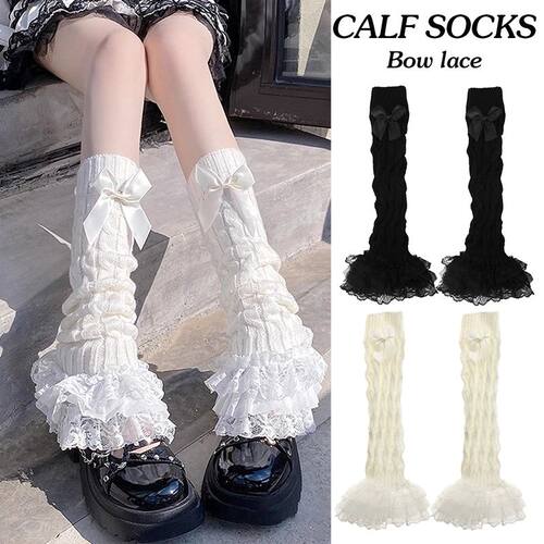 Japanese Knitted Leg Warmer Bow Ruffled Long Socks Lace Loli