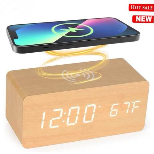 Wireless charging Digital alarm clock Wooden LED alarm clock