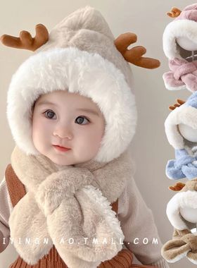 Winter Kids Hat for Boy Girl Cartoon Deer Antler Scarf One-P