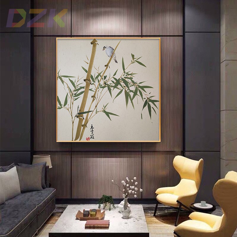 现代轻奢竹报平安装饰画挂画玄关客厅背景墙壁画新中式方形墙画m6