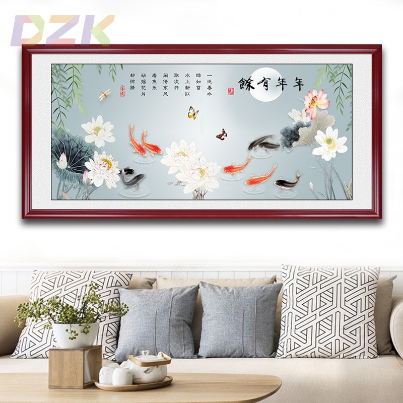 新中式九鱼图客厅沙发背景墙装饰画荷花鲤鱼寓意好玄关茶室挂画p4