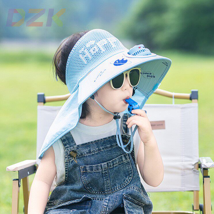 儿童防晒帽带风扇男童女童夏季大檐遮阳帽薄款披肩渔夫帽星球小m5