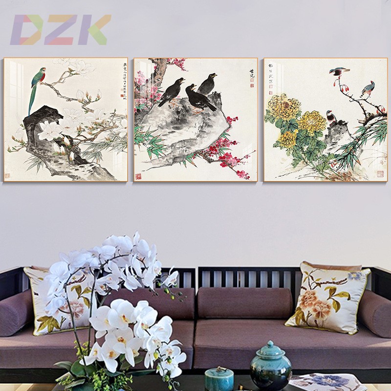 现代轻奢花鸟国画壁画客厅沙发背景墙装饰画玄关书房卧室晶瓷挂m3