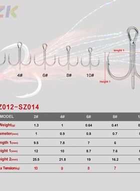 PRO BEROS渔具野钓三本钩 带羽毛挂件有倒刺三锚鱼钩奥金钩m4