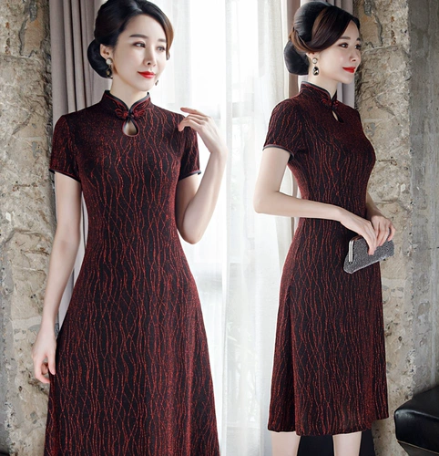 Летнее ципао для матери, длинное ретро платье, средней длины