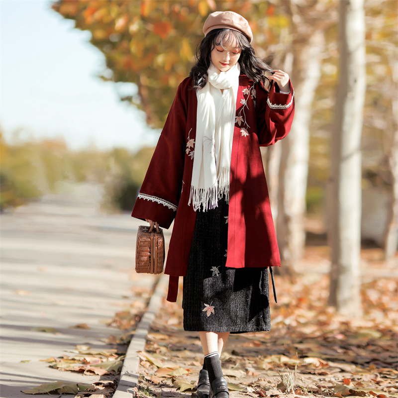 国风原创晚枫宋制改良日常汉服磨毛刺绣褙子保暖外套旋裙婚服套装
