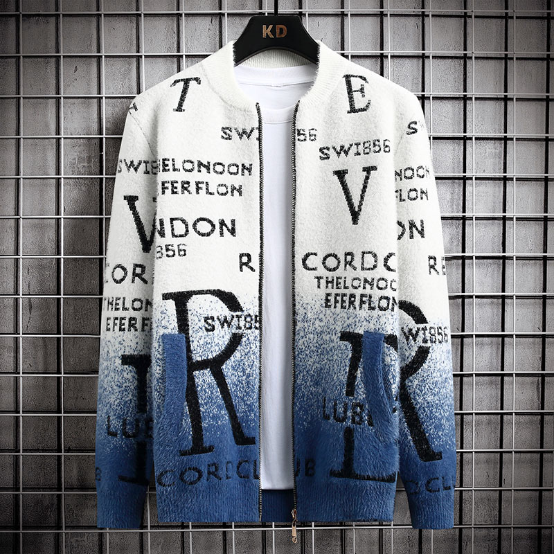 春秋新款无领开衫毛衣男士潮流秋款长袖针织衫衬衫外穿青年休闲服