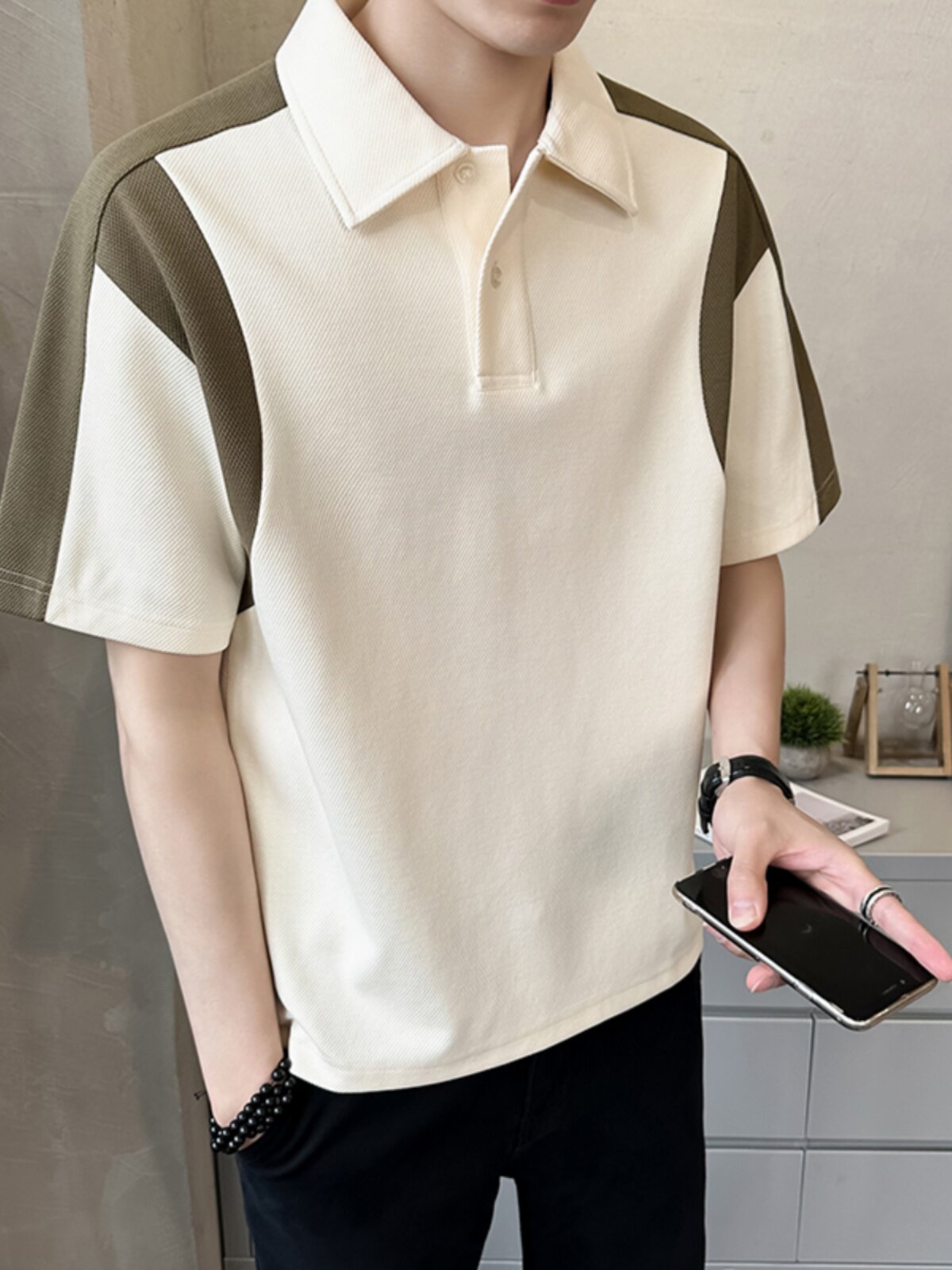 SUMMER BRITISH MENS ICE SILK SHORT SLEEVE POLO SHIRT FASHION COLOR-BLOCKED HALF SLEEVE TRENDY LAPEL T-SHIRT WAFFLE TOP