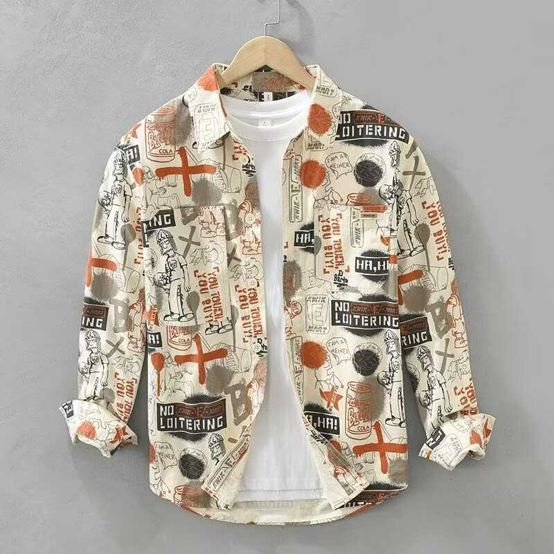 春秋款涂鸦休闲满印长袖衬衫