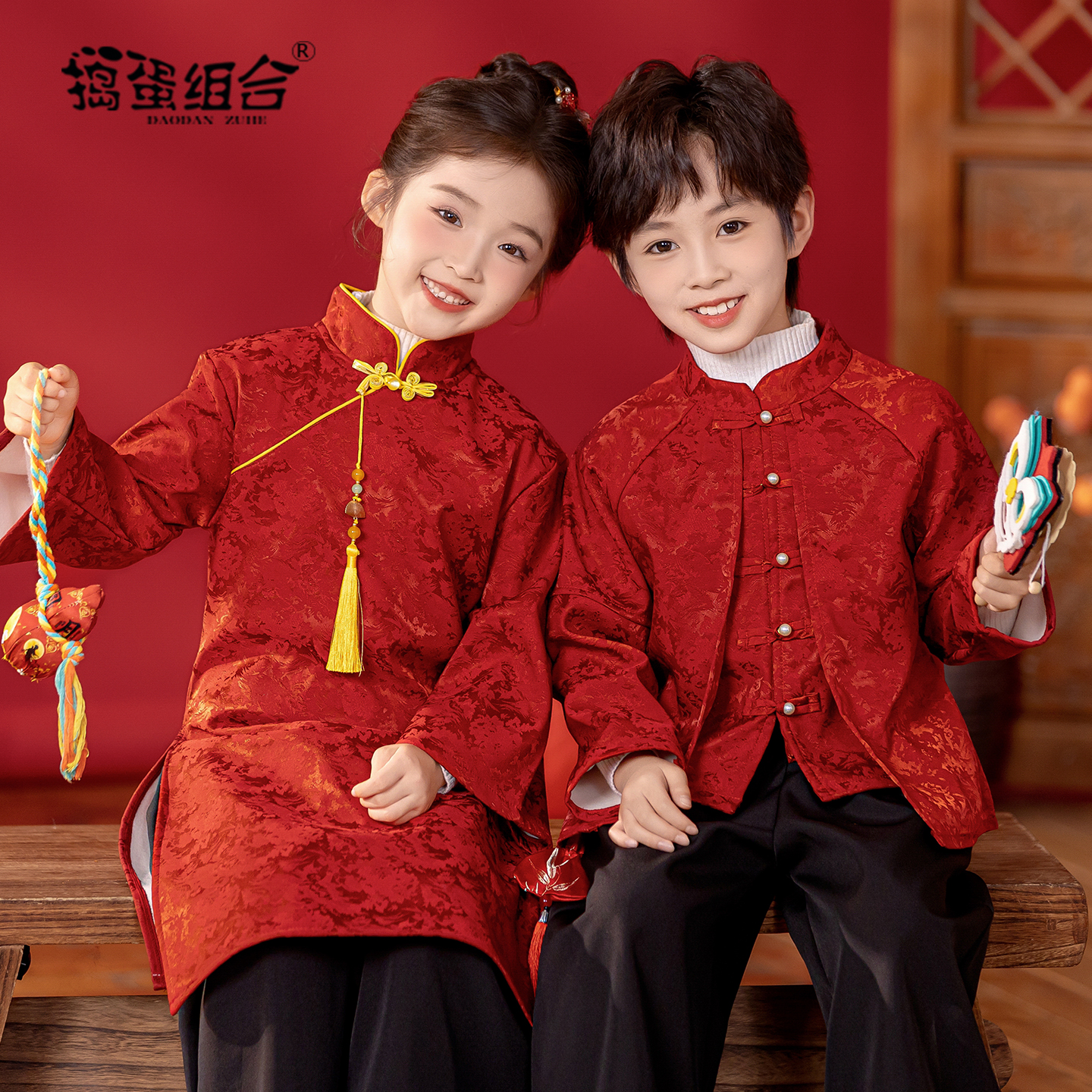 男童唐装冬装加绒红色喜庆拜年服新中式女童汉服旗袍套装古风古装