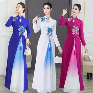 新款高端长款旗袍表演服女中国风高级感大气连衣裙改良走秀演出服