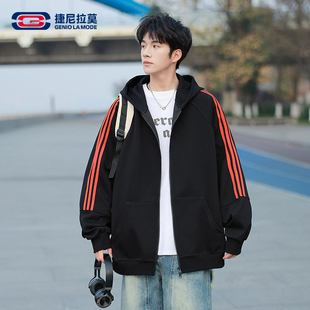 【敖瑞鹏代言】Geniolamode条纹连帽开衫卫衣男春款休闲拉链外套
