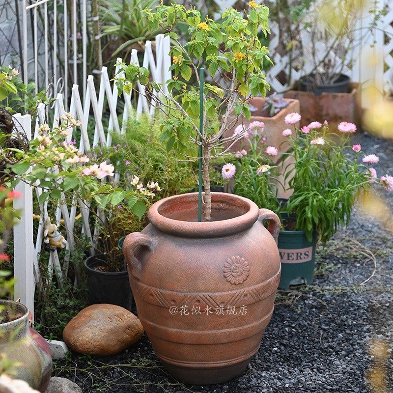花园装饰复古仿陶土圆形花盆高盆仿红陶双耳装饰庭院种植盆栽容器