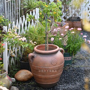 花园装饰复古仿陶土圆形花盆高盆仿红陶双耳装饰庭院种植盆栽容器