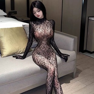 全身豹纹网衣欧美透视性感连体衣紧身网袜手套一体网连袜