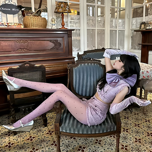 法式名媛复古甜美紫色波点丝袜