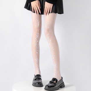 甜美蝴蝶印花白色丝袜纯欲可爱洛丽塔袜子女春夏薄款白色连裤袜子