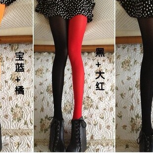 天鹅绒开档春秋款ab双色拼接糖果不对称彩色鸳鸯打底连裤女丝袜