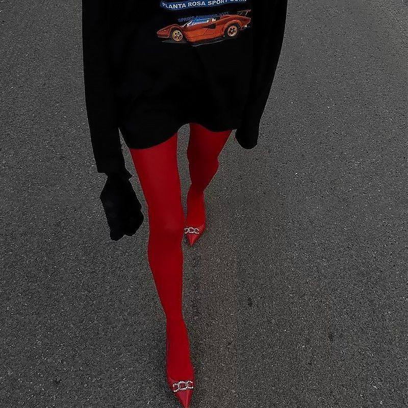 新年也当辣妹！红色复古天鹅绒打底裤显瘦本命年紧身塑形打底裤袜