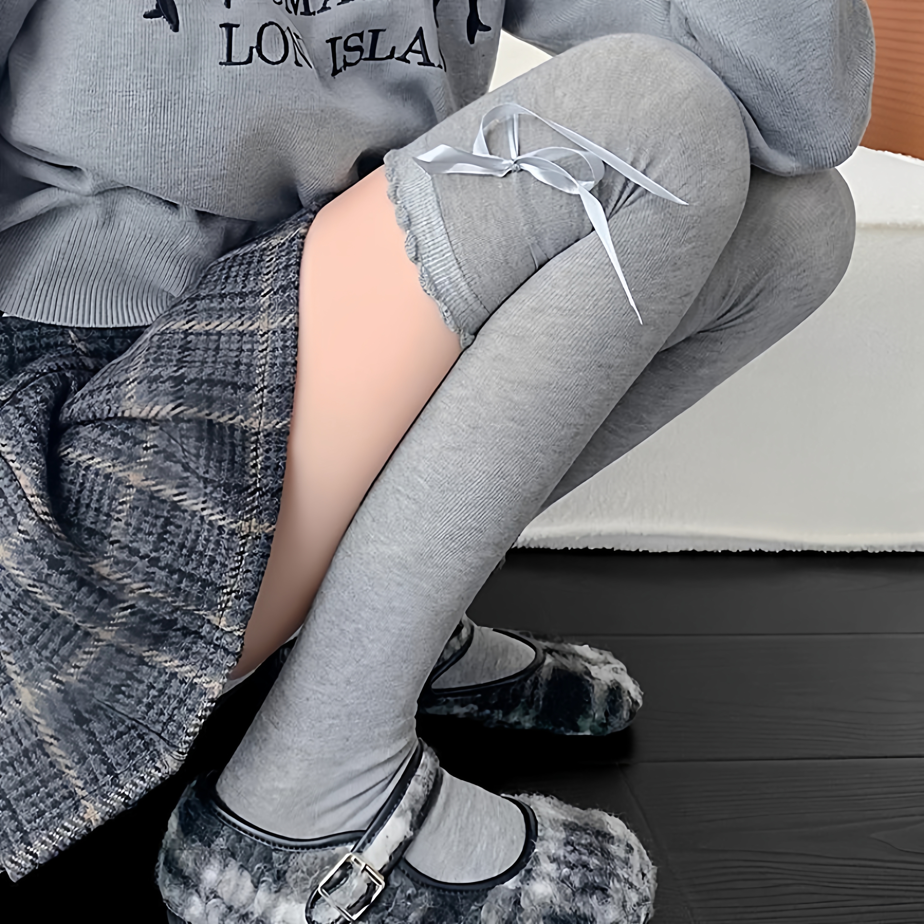 木耳边蝴蝶结过膝袜长筒袜