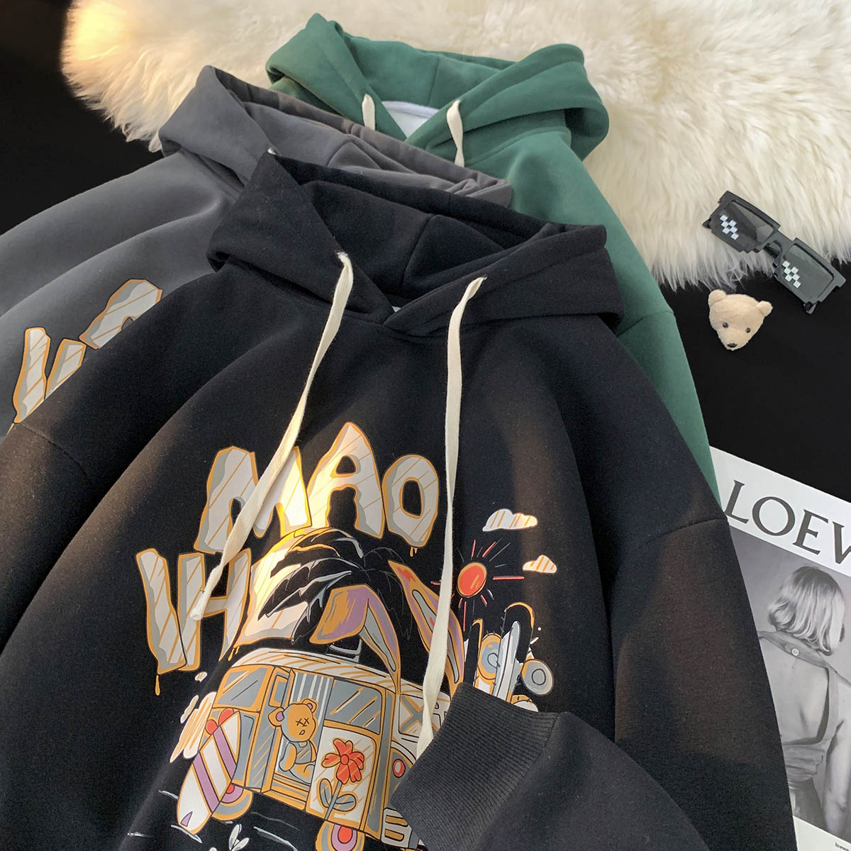 2024秋冬新款卡通字母印花宽松连帽卫衣男1014-WY637-P68，男装卫衣，星座1015-2